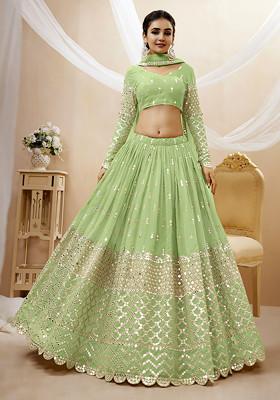 Pista Green Sequin Zari Embroidered Georgette Lehenga Set