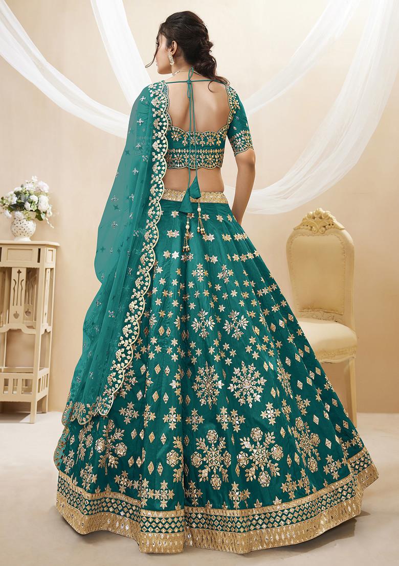 Green Sequin Foil Zari Embroidered Art Silk Lehenga Set - Indya
