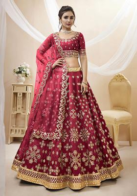 Red Sequin Foil Zari Embroidered Art Silk Lehenga Set