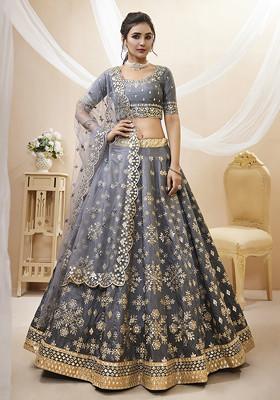 Grey Sequin Foil Zari Embroidered Art Silk Lehenga Set