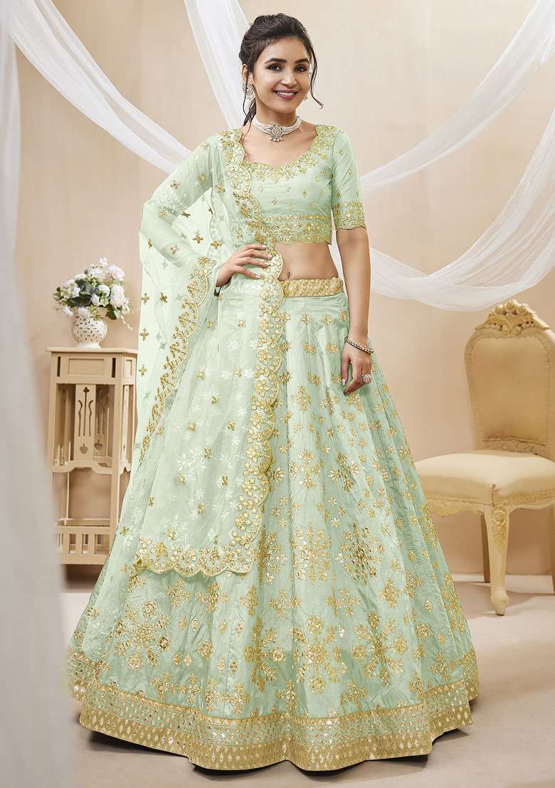 Pista Green Foil Zari Blend Art Silk Lehenga Set with Embroidered & Sequin for Diwali | Wedding & Festive Wear - Indya