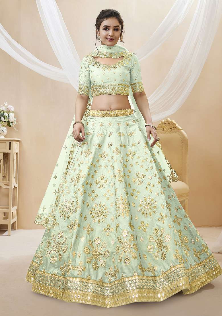 Pista Green Foil Zari Blend Art Silk Lehenga Set with Embroidered & Sequin for Diwali | Wedding & Festive Wear - Indya