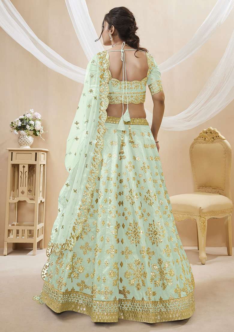 Pista Green Foil Zari Blend Art Silk Lehenga Set with Embroidered & Sequin for Diwali | Wedding & Festive Wear - Indya