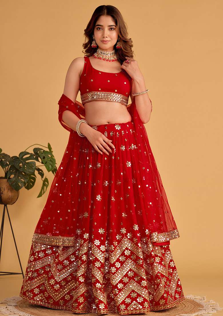 Red Sequin Zari Embroidered Georgette Lehenga Set for Diwali and Festive Wear - Indya