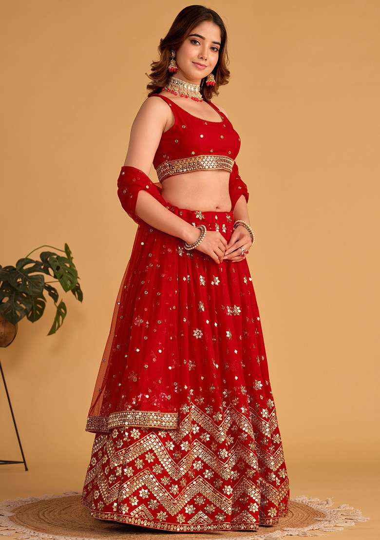 Red Sequin Zari Embroidered Georgette Lehenga Set for Diwali and Festive Wear - Indya