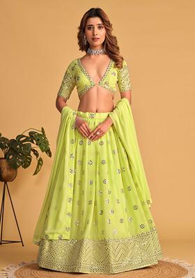 Neon Green Sequin Thread Embroidered Georgette Lehenga Set