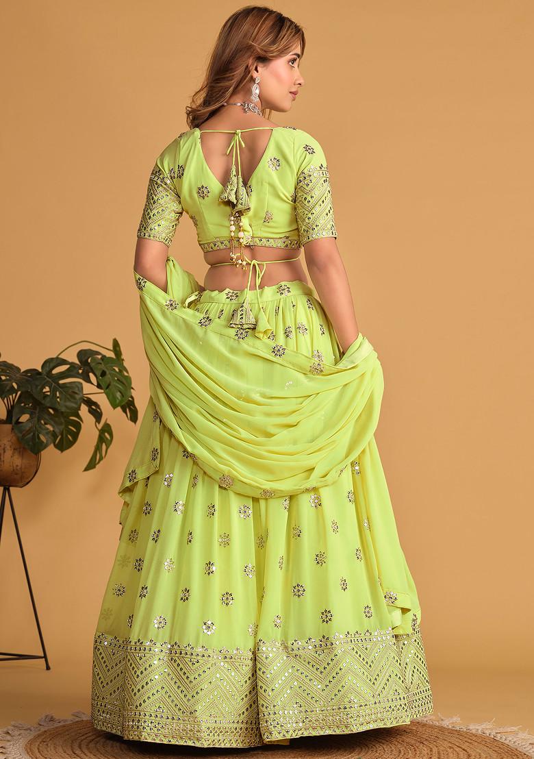 Neon Green Sequin Thread Embroidered Georgette Lehenga Set - Indya