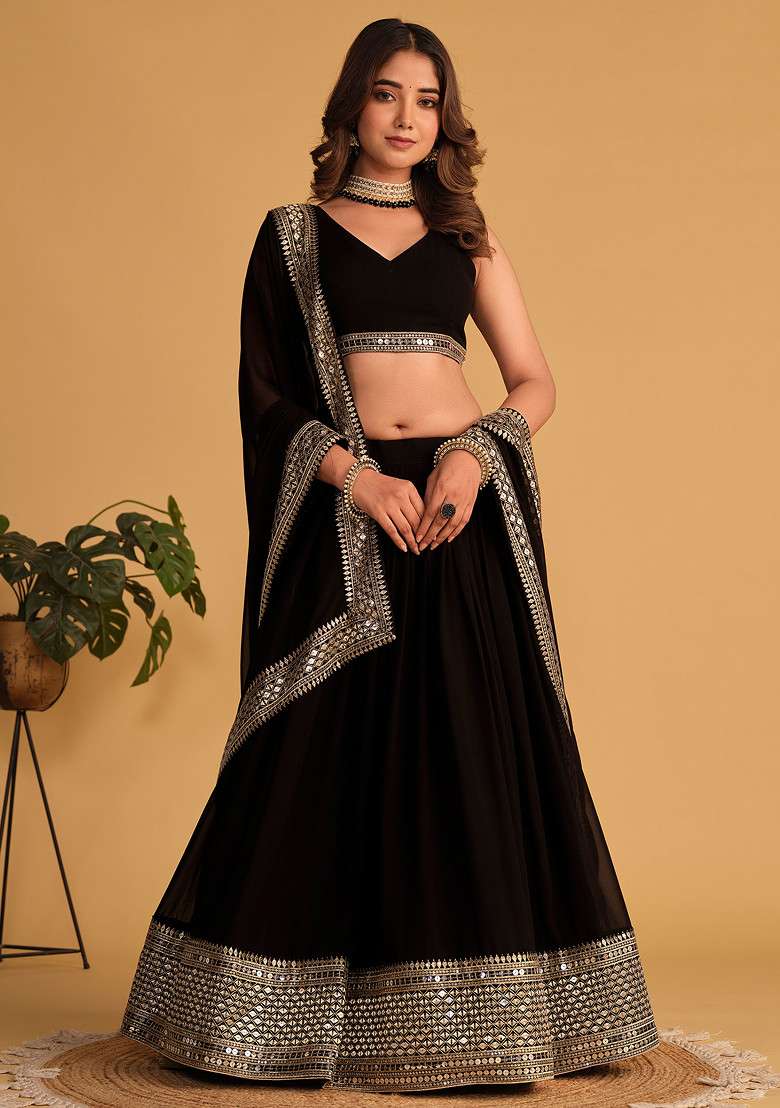 Black Sequin Thread Embroidered Georgette Lehenga Set for Diwali and Festive Wear - Indya