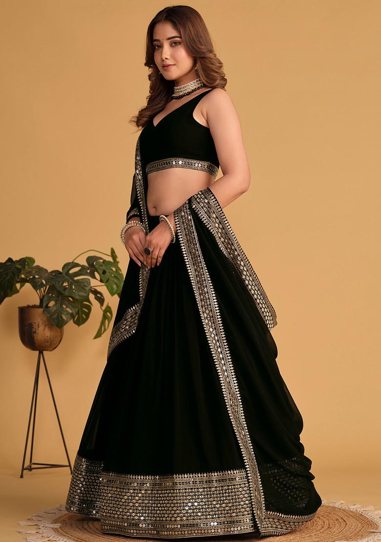 Black Sequin Thread Embroidered Georgette Lehenga Set