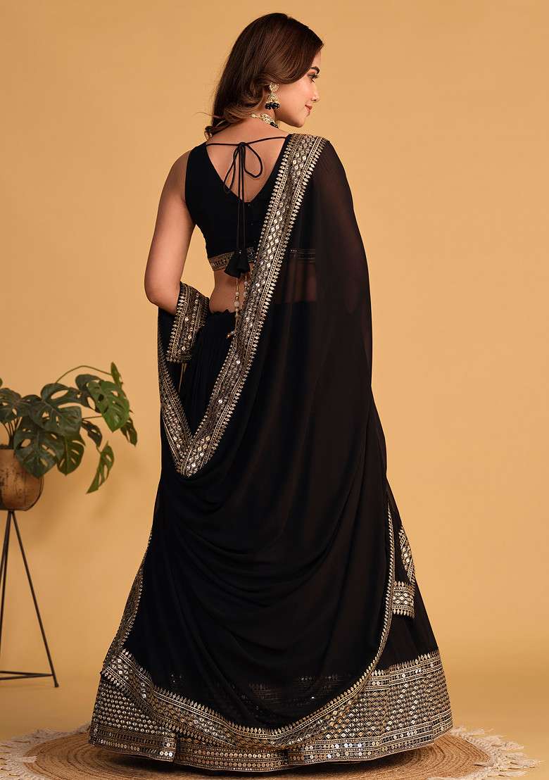 Black Sequin Thread Embroidered Georgette Lehenga Set for Diwali and Festive Wear - Indya
