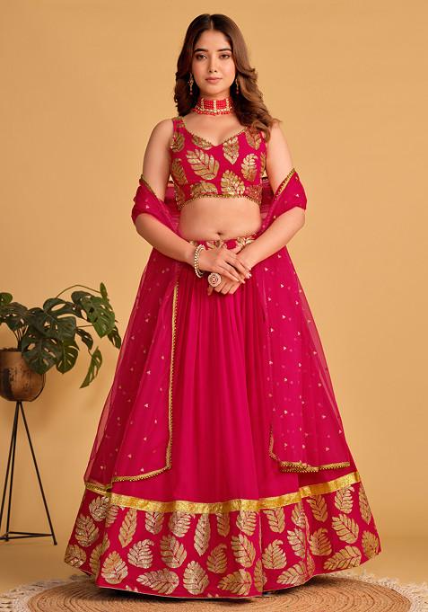 Pink Sequin Thread Embroidered Georgette Lehenga Set