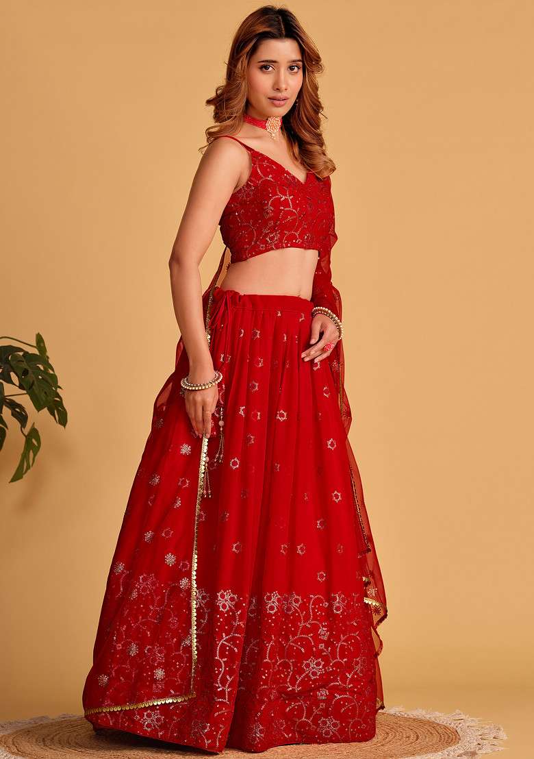 Red Sequin Thread Embroidered Georgette Lehenga Set for Diwali and Festive Wear - Indya