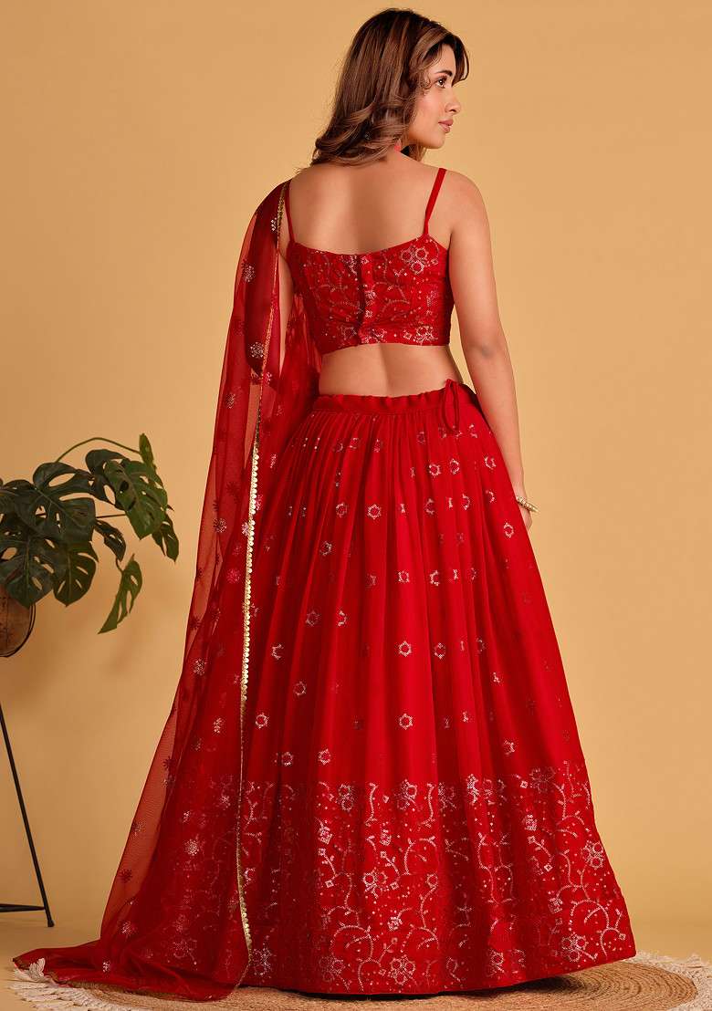 Red Sequin Thread Embroidered Georgette Lehenga Set for Diwali and Festive Wear - Indya