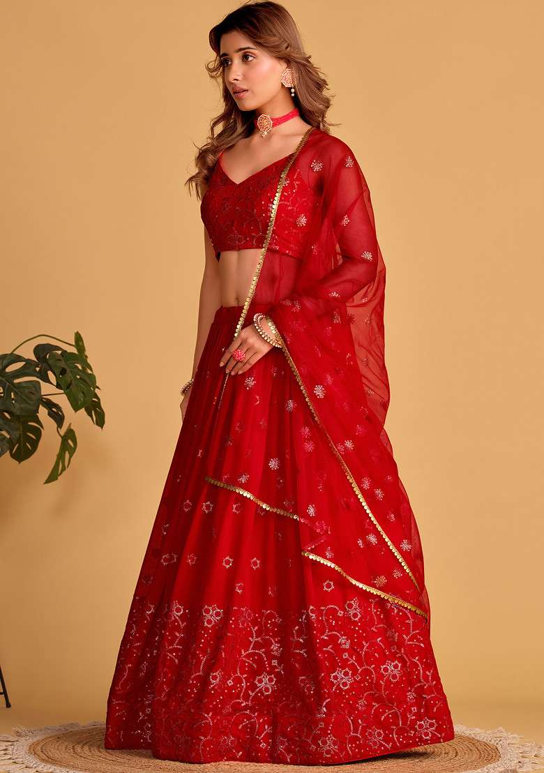 Red Sequin Thread Embroidered Georgette Lehenga Set for Diwali and Festive Wear - Indya