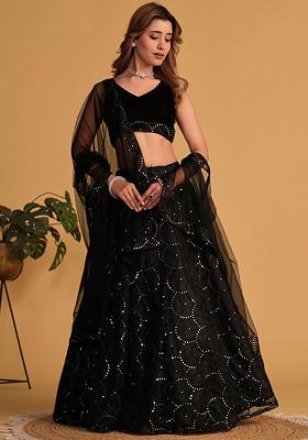 Black Sequin Thread Embroidered Organza Net Lehenga Set