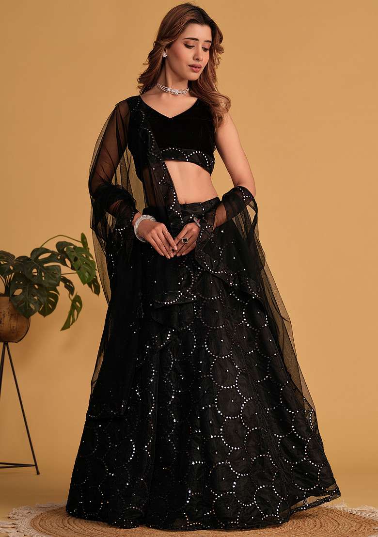 Black Thread Net Organza Lehenga Set with Embroidered & Sequin for Diwali | Wedding & Festive Wear - Indya