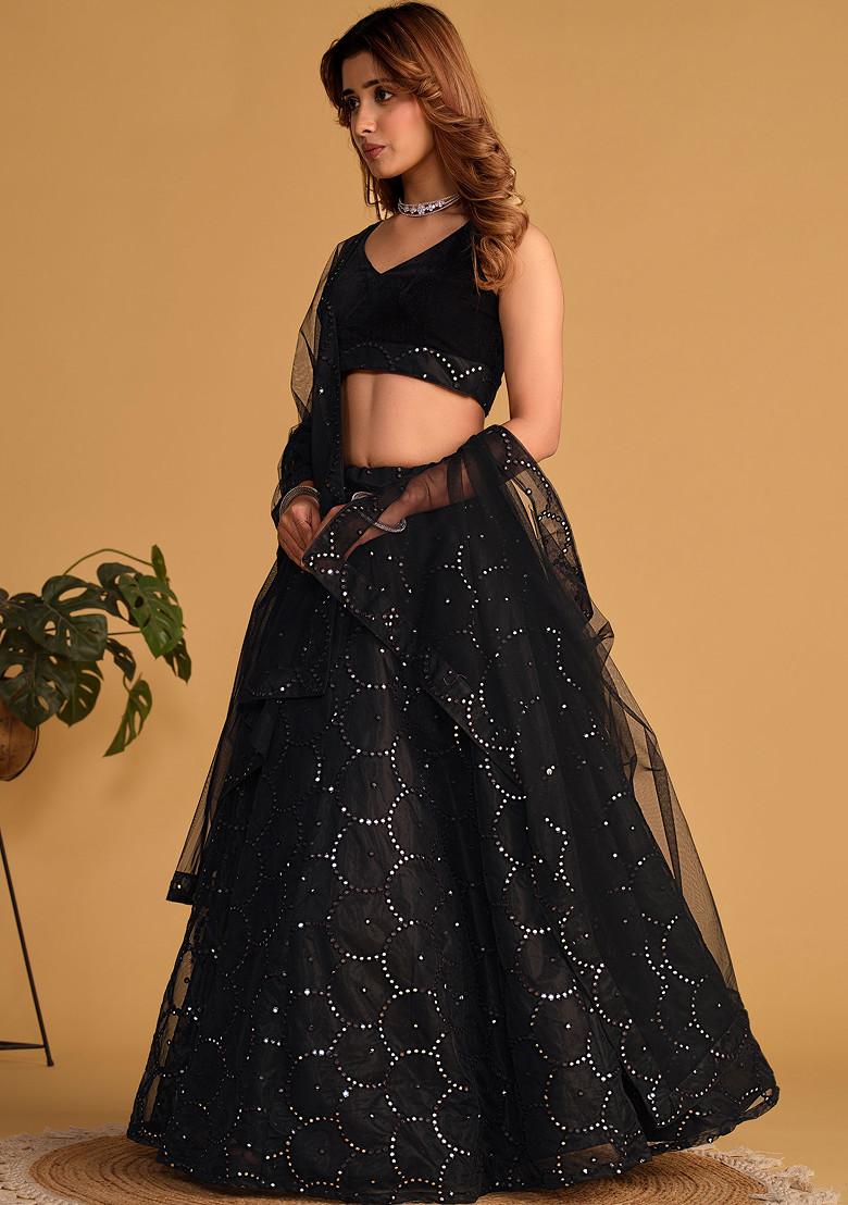 Black Sequin Thread Embroidered Organza Net Lehenga Set - Indya
