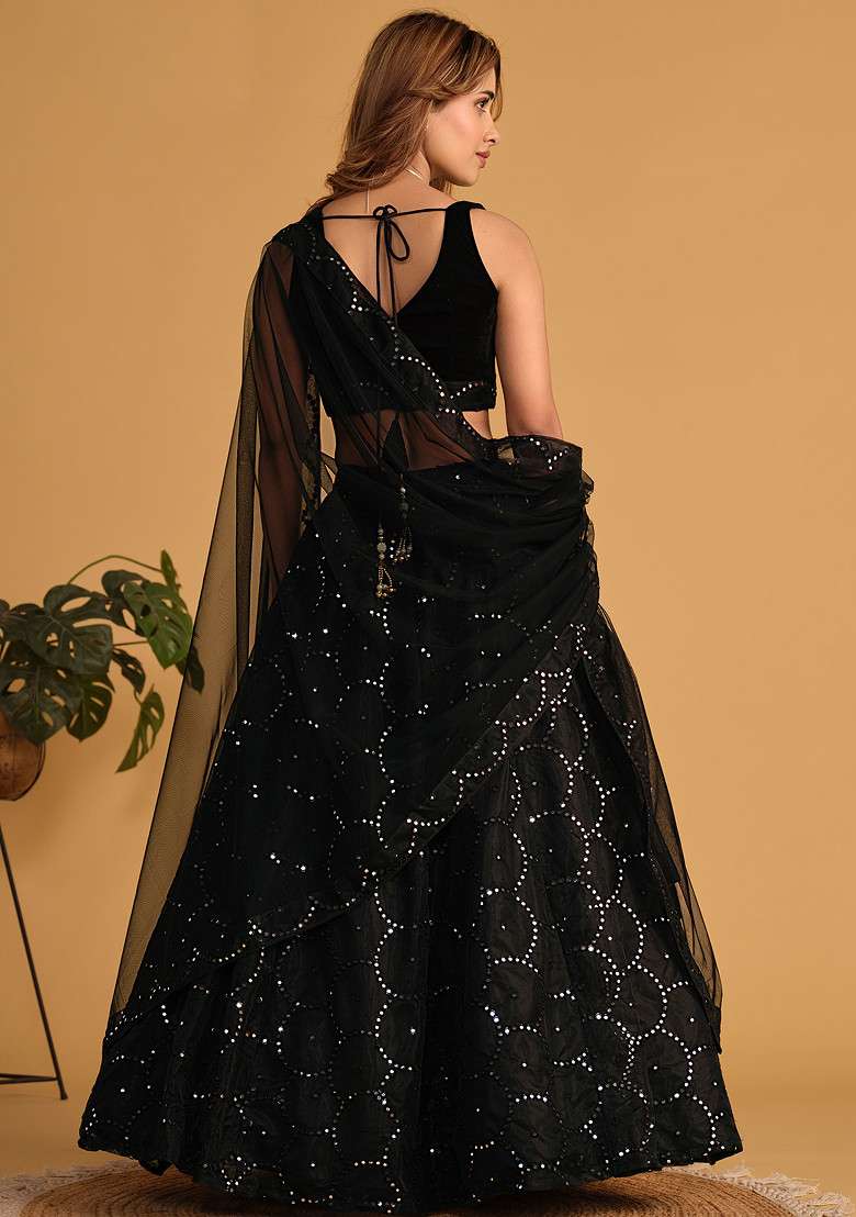Black Thread Net Organza Lehenga Set with Embroidered & Sequin for Diwali | Wedding & Festive Wear - Indya