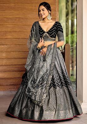 Black Sequin Thread Embroidered Chinon Lehenga Set