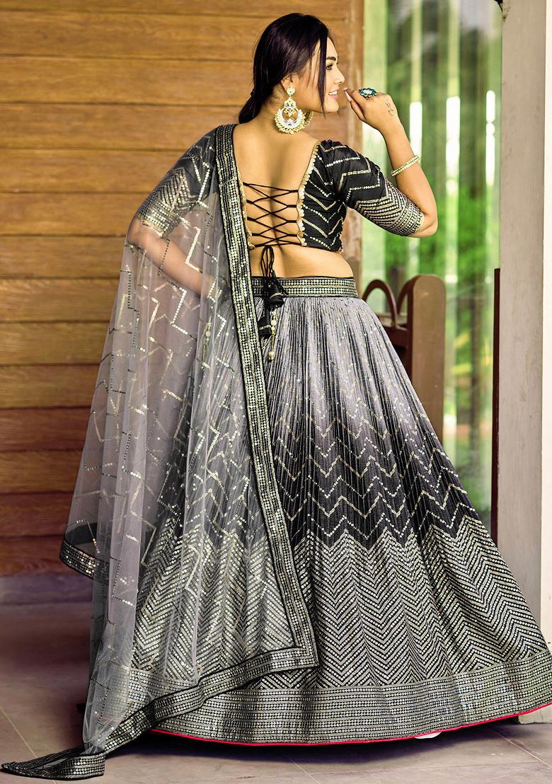 Black Sequin Thread Embroidered Chinon Lehenga Set - Indya