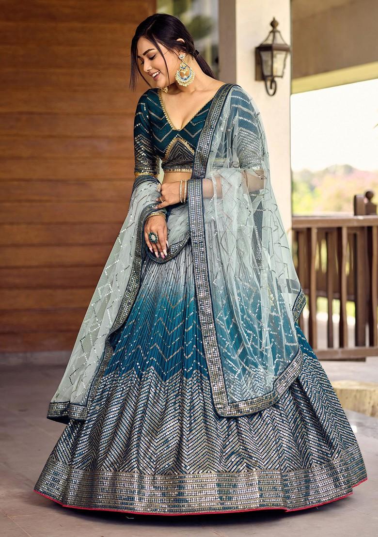 Blue Sequin Thread Embroidered Chinon Lehenga Set - Indya