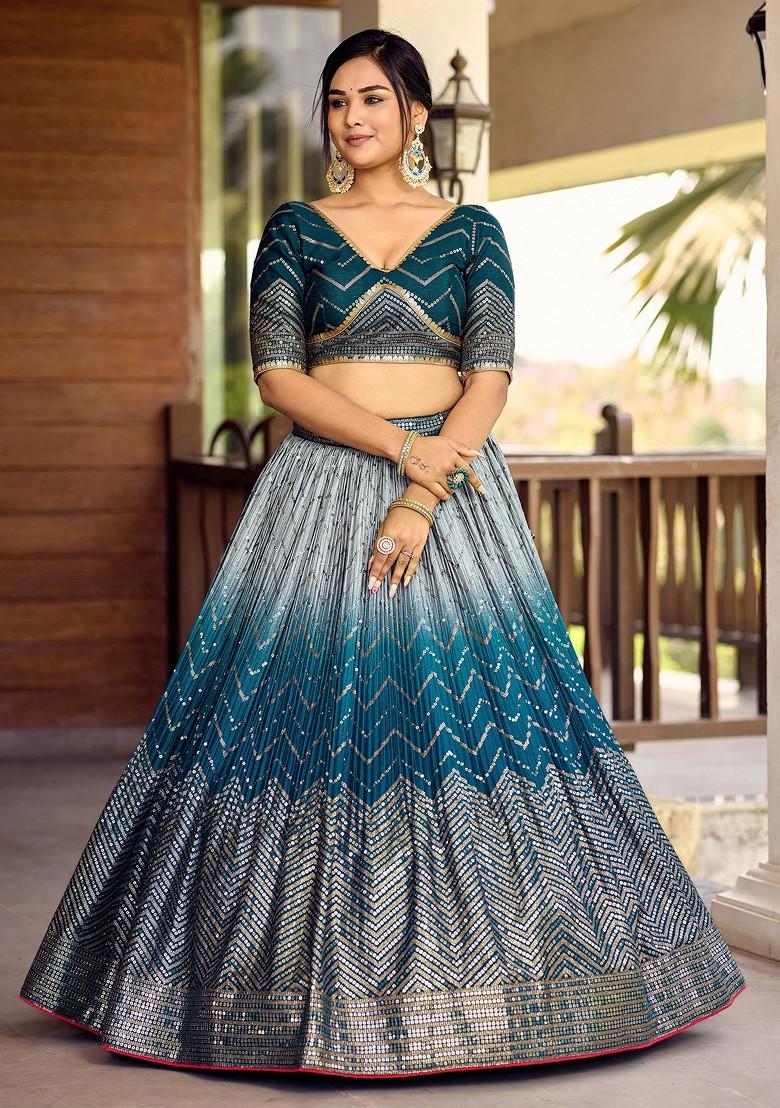 Blue Sequin Thread Embroidered Chinon Lehenga Set - Indya