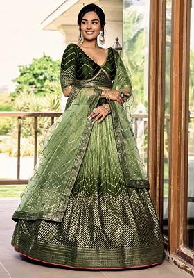 Green Sequin Thread Embroidered Chinon Lehenga Set