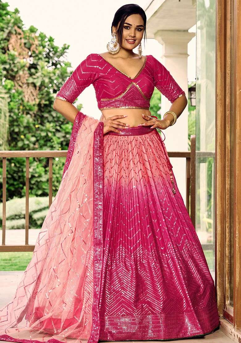 Pink Thread Chinon Lehenga Set with Embroidered & Sequin for Diwali | Wedding & Festive Wear - Indya