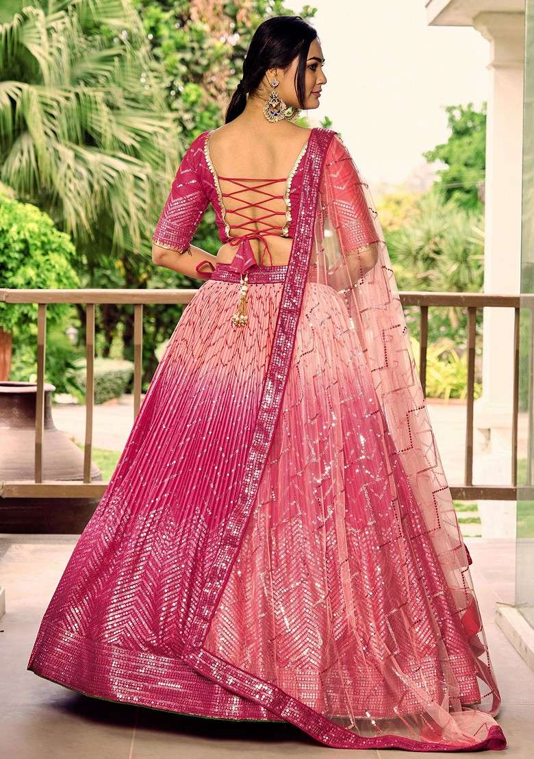 Pink Thread Chinon Lehenga Set with Embroidered & Sequin for Diwali | Wedding & Festive Wear - Indya