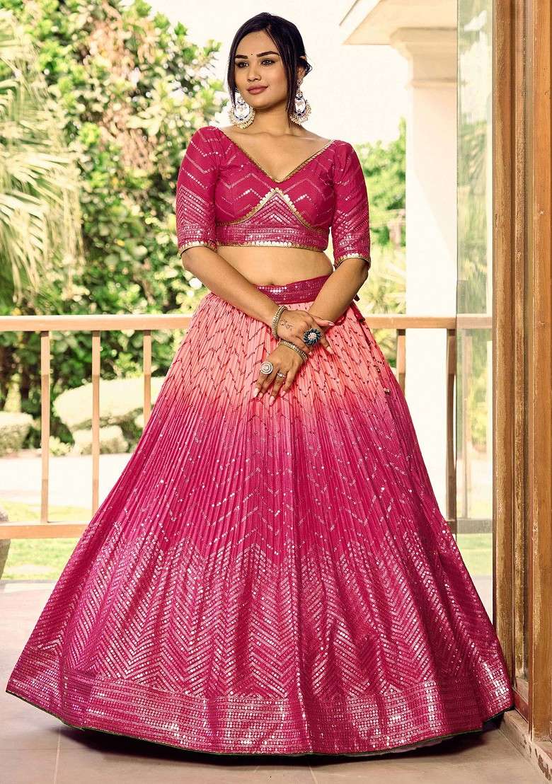 Pink Thread Chinon Lehenga Set with Embroidered & Sequin for Diwali | Wedding & Festive Wear - Indya