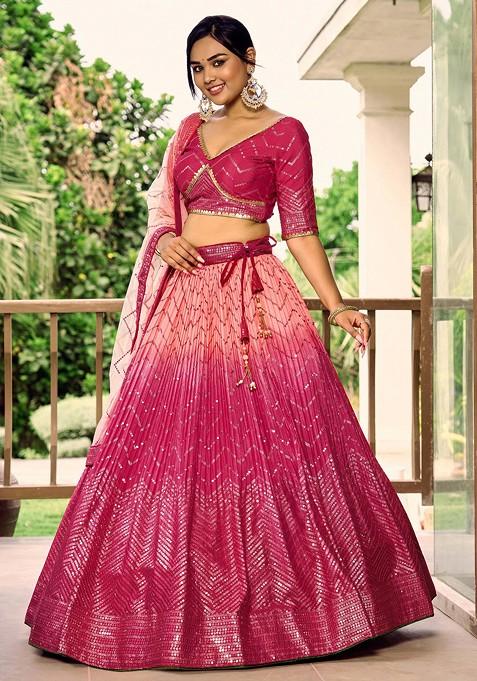 Pink Sequin Thread Embroidered Chinon Lehenga Set