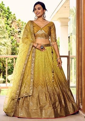 Yellow Sequin Thread Embroidered Chinon Lehenga Set