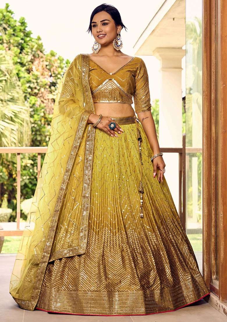 Yellow Sequin Thread Embroidered Chinon Lehenga Set for Diwali and Festive Wear - Indya