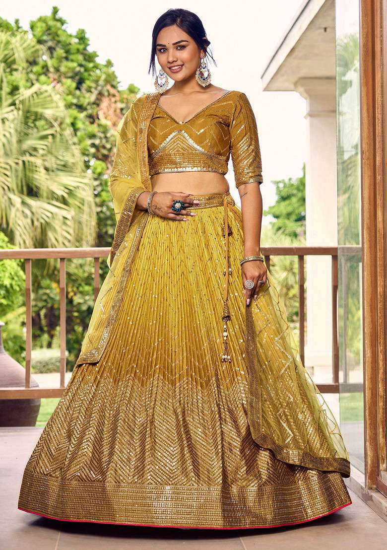 Yellow Sequin Thread Embroidered Chinon Lehenga Set for Diwali and Festive Wear - Indya