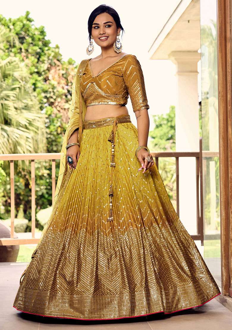 Yellow Sequin Thread Embroidered Chinon Lehenga Set for Diwali and Festive Wear - Indya
