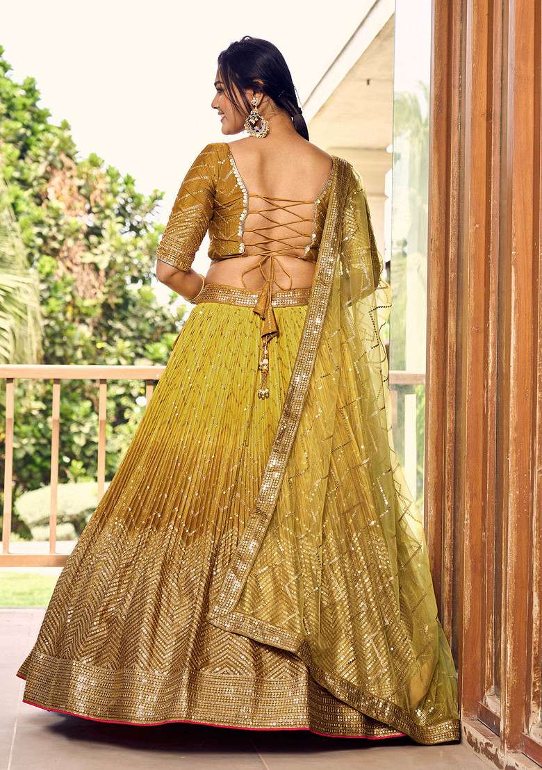 Yellow Sequin Thread Embroidered Chinon Lehenga Set for Diwali and Festive Wear - Indya