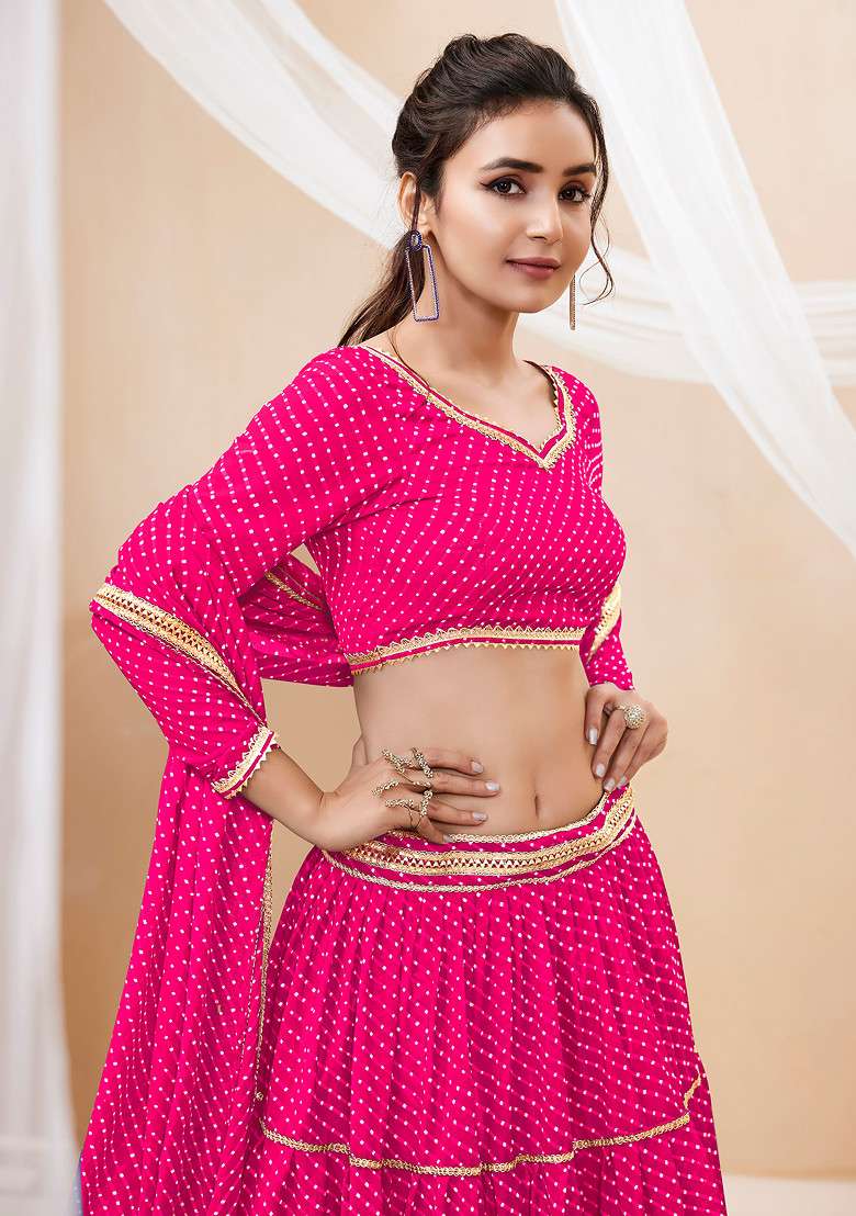 Pink Leheriya Print Georgette Chaniya Choli Set For Navratri And Garba for Diwali and Festive Wear - Indya