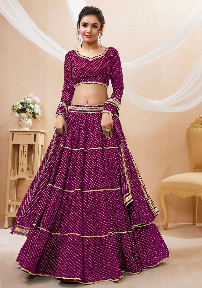 Purple Leheriya Print Georgette Chaniya Choli Set For Navratri And Garba for Diwali and Festive Wear - Indya