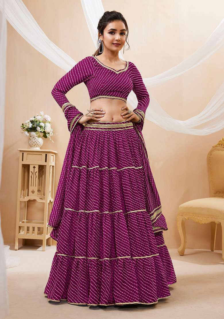 Purple Leheriya Print Georgette Chaniya Choli Set For Navratri And Garba for Diwali and Festive Wear - Indya