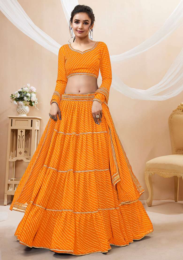 Yellow Leheriya Print Georgette Chaniya Choli Set For Navratri And Garba for Diwali and Festive Wear - Indya