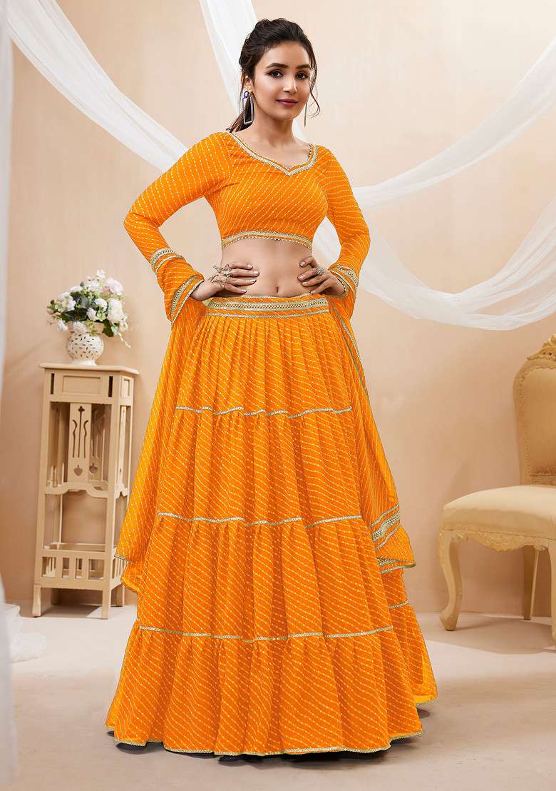 Yellow Leheriya Print Georgette Chaniya Choli Set For Navratri And Garba for Diwali and Festive Wear - Indya