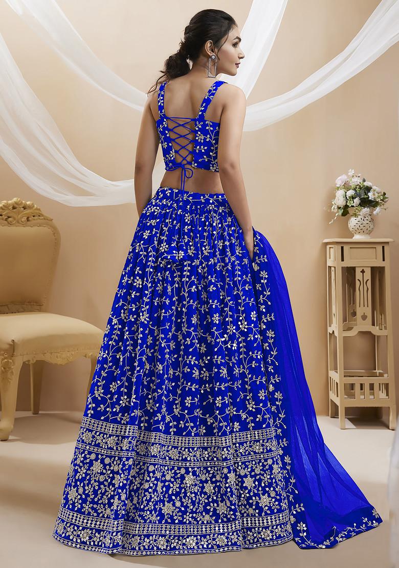 Blue Sequin Zari Embroidered Georgette Lehenga Set - Indya