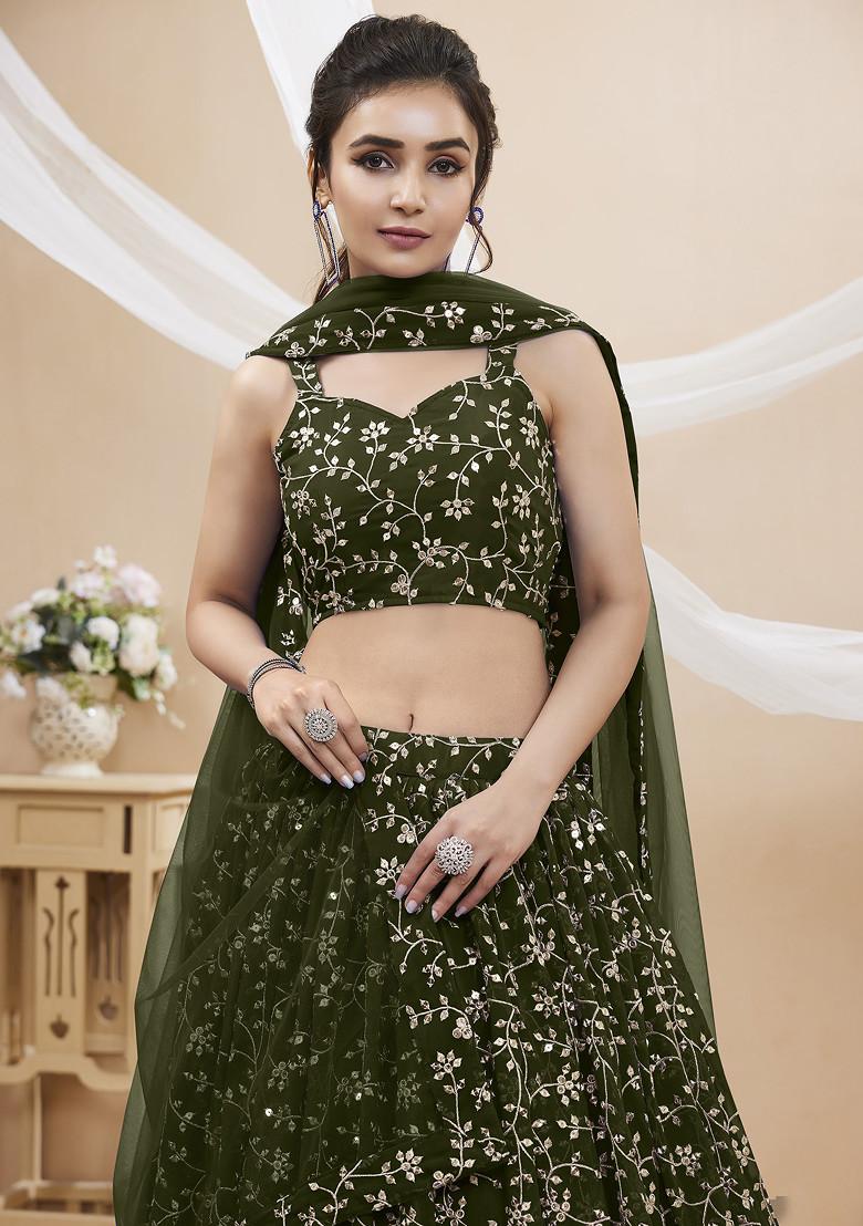 Green Zari Embroidered Georgette Lehenga Set - Indya