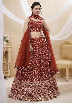 Red Zari Embroidered Georgette Lehenga Set