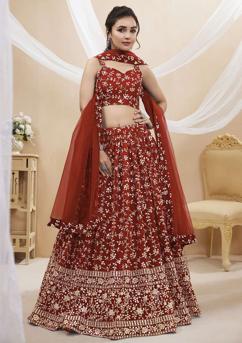 Red Zari Georgette Lehenga Set with Embroidered for Diwali | Wedding & Festive Wear - Indya