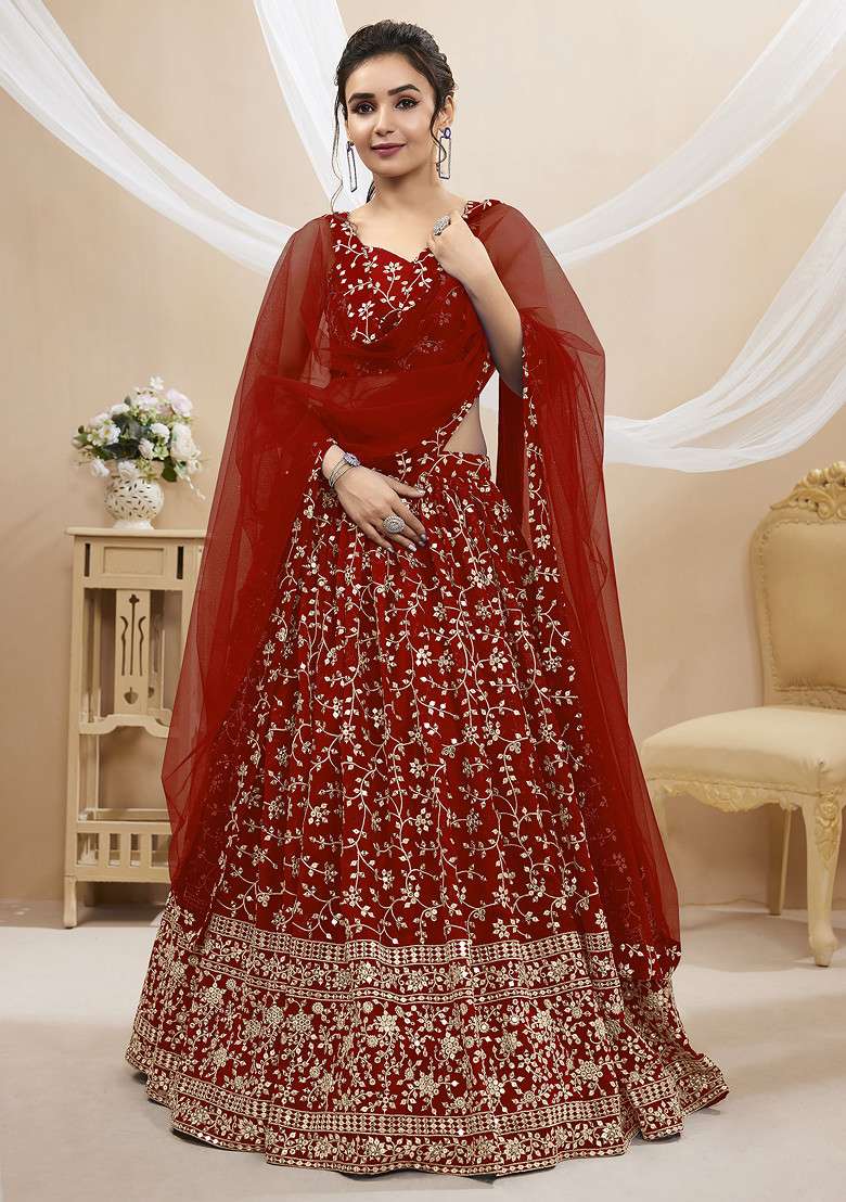 Red Zari Georgette Lehenga Set with Embroidered for Diwali | Wedding & Festive Wear - Indya