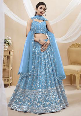 Sky Blue Zari Embroidered Georgette Lehenga Set