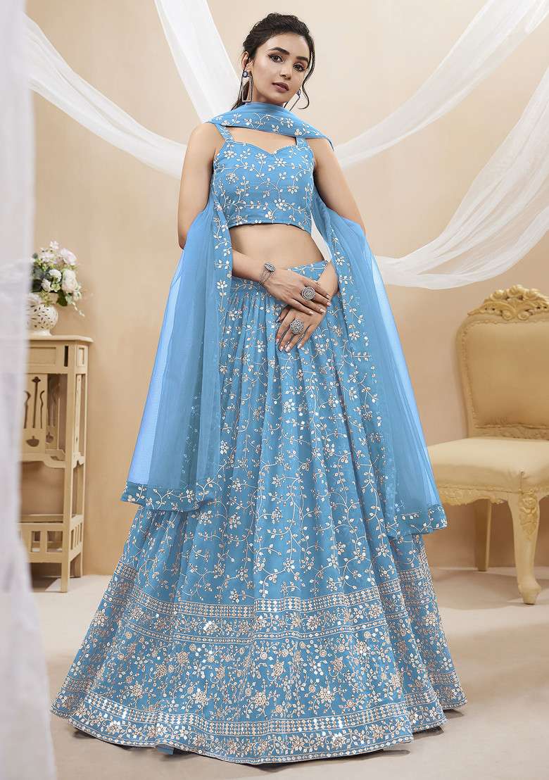 Sky Blue Zari Embroidered Georgette Lehenga Set for Diwali and Festive Wear - Indya
