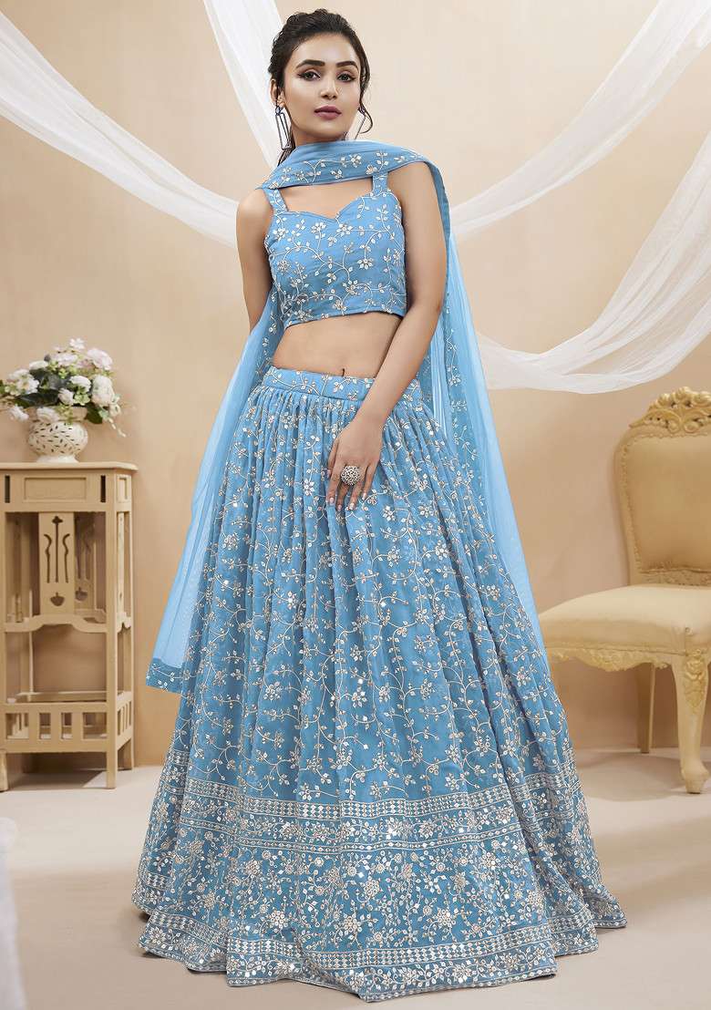 Sky Blue Zari Embroidered Georgette Lehenga Set for Diwali and Festive Wear - Indya
