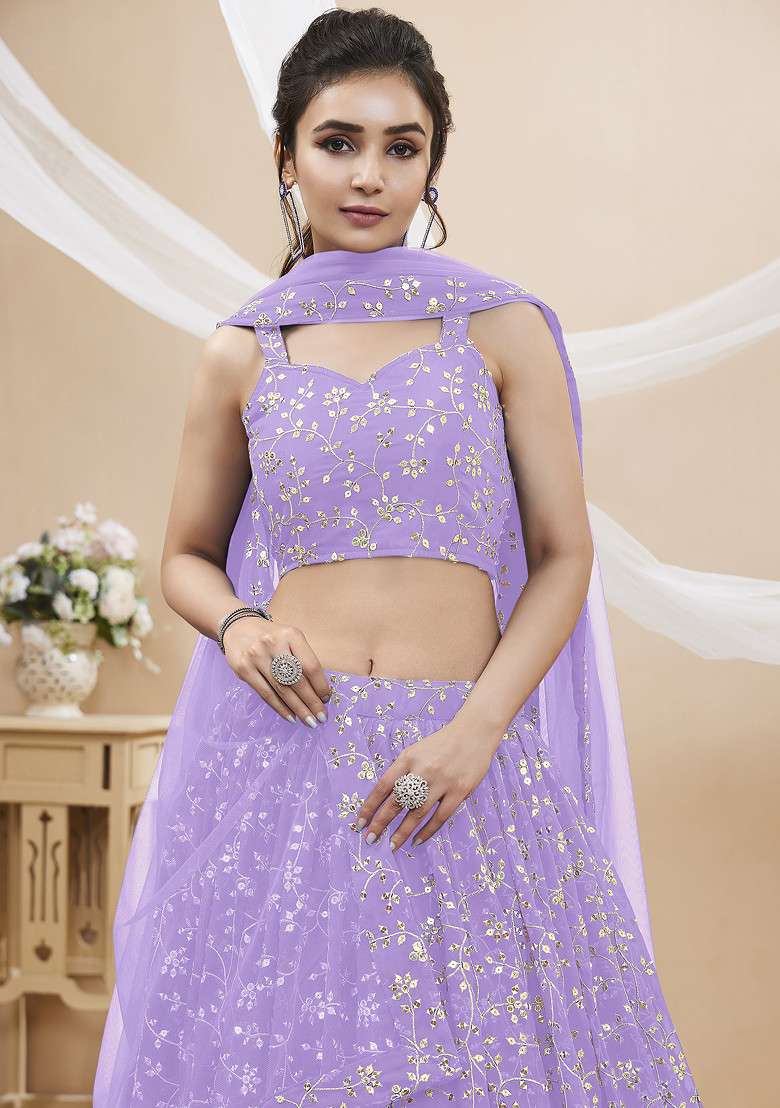 Lavender Zari Embroidered Georgette Lehenga Set for Diwali and Festive Wear - Indya